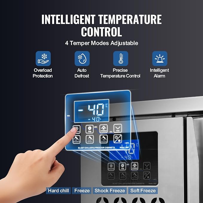 VEVOR 80 L Blast Chiller, 3 Trays Commercial Flash Freezers, <-31~68°F> 4 Modes Chest Shock Frozen, 304 Stainless Steel Flash Freezer, 360° De-frost Blast Chiller with Casters for Seafood, Ice Cream
