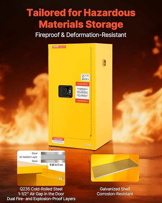 VEVOR Flammable Cabinet 18" x 18" x 35", Galvanized Steel Safety Cabinet, Adjustable Shelf Flammable Storage Cabinet, for Commercial Industrial and Home Use, Yellow: Industrial & Scientific