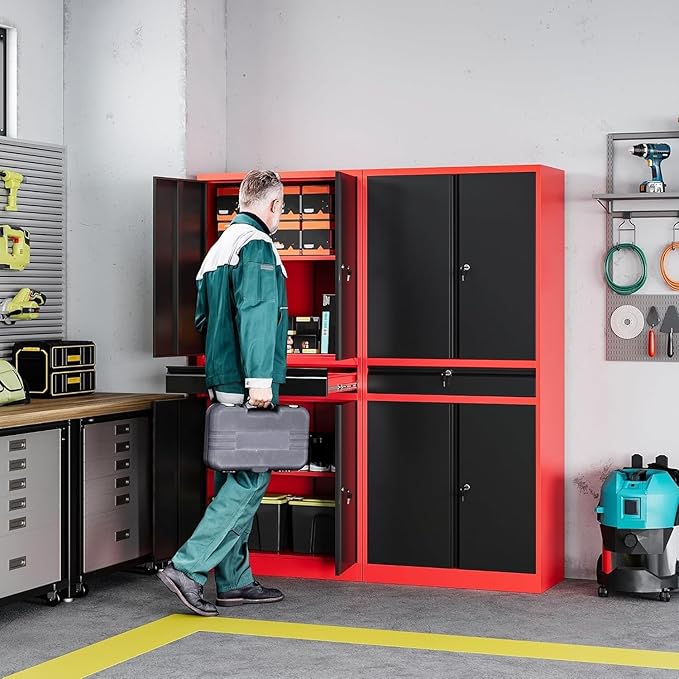 Letaya Metal Garage Storage Cabinet with Drawer,4 Door Tool Cabinet with Adjustable Shelves for Garage Home Office Utility Room (Red)