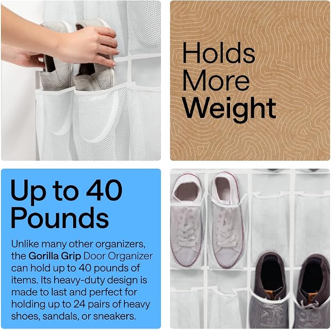 GORILLA GRIP Over the Door Shoe Organizer, 24 Large Pockets, Space Saving - Image 3