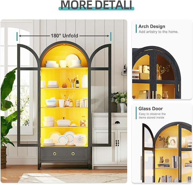 Lvifur 73" Tall Arched Display Cabinet with Glass Doors,4-Tier Curio Cabinets with 3 Color Lights for Collectibles,LED Storage Cabinet with Human Body Sensor,Ajustable Shelf for Toys, Books,Black