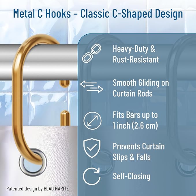 12 Metal Shower Curtain Hooks, Rust-Proof Decorative C-Shaped Curtain Hooks - Image 3