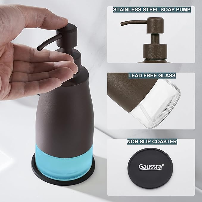 Gaussra Matte Brown Soap Dispenser - 11 OZ / 320 ML | Stainless Steel and Glass - Image 4
