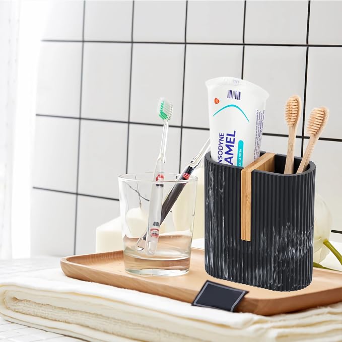 Toothbrush Holders for Bathroom, Bamboo Toothbrush Stand, Marble Black | - Image 5
