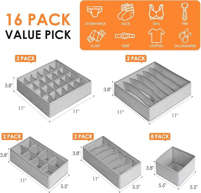 16 Pack Sock Underwear Drawer Organizer, 96 Cells Dresser Organizer - Image 3