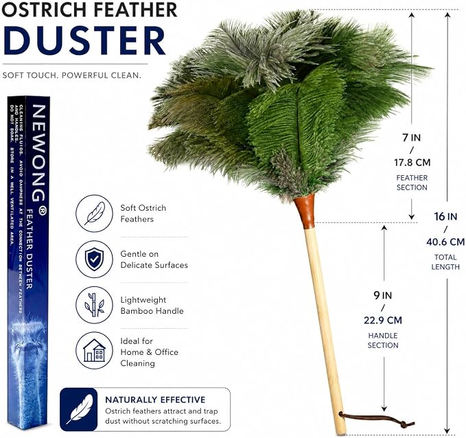 16 in Ostrich Feather Duster, Bamboo Handle Duster Green - Image 2