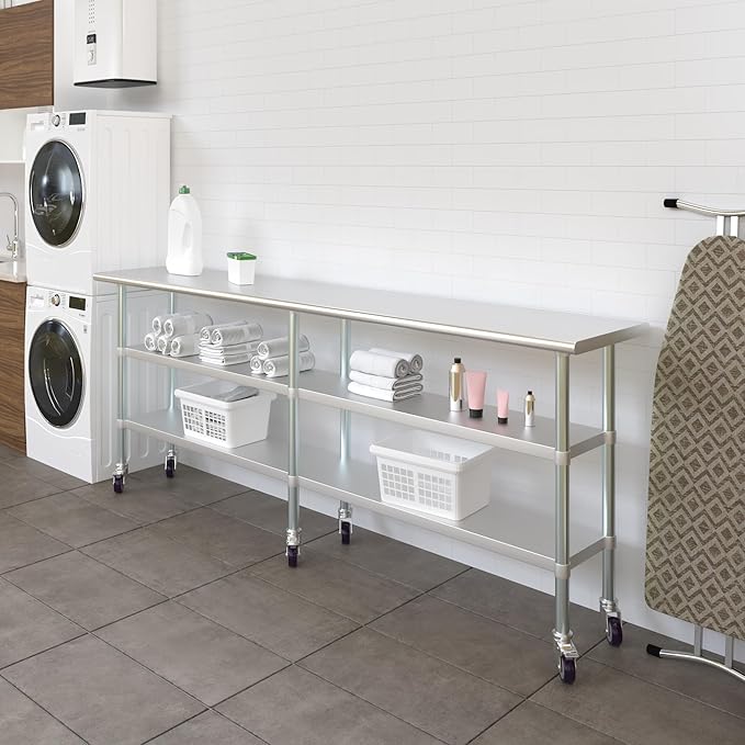 AmGood Stainless Steel Work Table with 2 Shelves and Casters | Metal Utility Table On Wheels (Stainless Steel, 96" Long x 18" Deep)