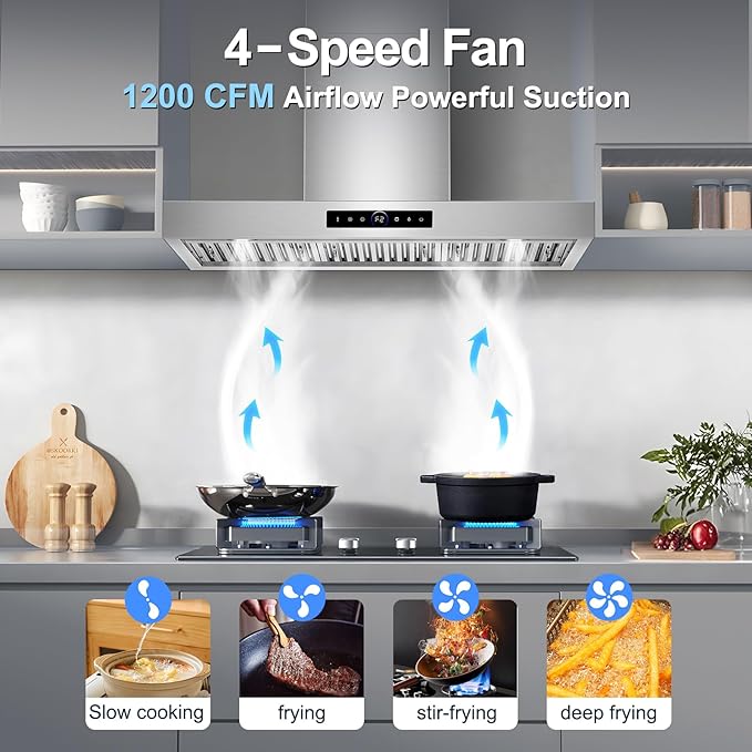 36 inch Range Hood Wall Mount, 1200 CFM with 4-Speed Gesture Sensing & Touch Control, Stainless Steel Kitchen Stove Vent Hoods with 2 LED Lights, Time Setting, Dishwasher-Safe Baffle Filters
