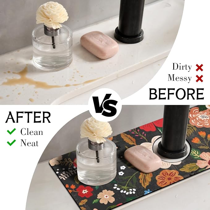 Boho Black Flowers Kitchen Sink Splash Guard Faucet Mat, Faucet Non-Slip - Image 3