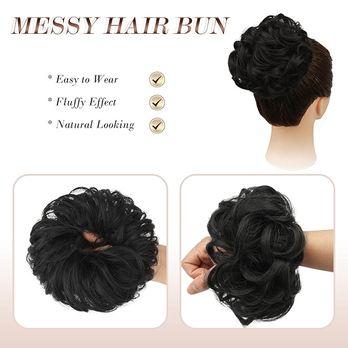 FESHFEN Large Messy Bun Hair Piece - Wavy Synthetic Chignon Scrunchies Elastic Ponytail Hair Extensions Thick Hairpieces for Women, Natural Black 1.94oz