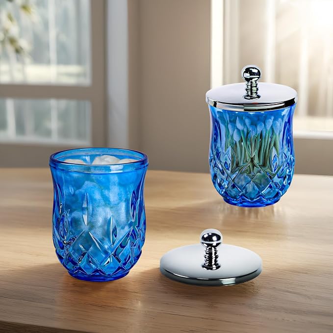 10Oz Blue Q-Tip Holder, Round Thick Glass & Metal Lid - Image 2