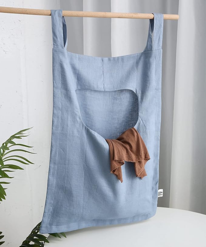 Amazhiyu 100% Linen Door Hanging Laundry Hamper Bag, 19x27 Inches, Steel Blue - Image 3