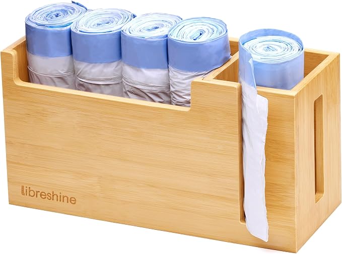 Bamboo Small Trash Bag Dispenser, 1.2-4 Gallon Bags, Wall Mount | Fits rolls up by Libreshine