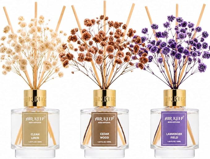 Reed Diffuser Set of 3, Clean Linen Cashmere Vanilla Lavender Garden Oil Reed by Airkeep