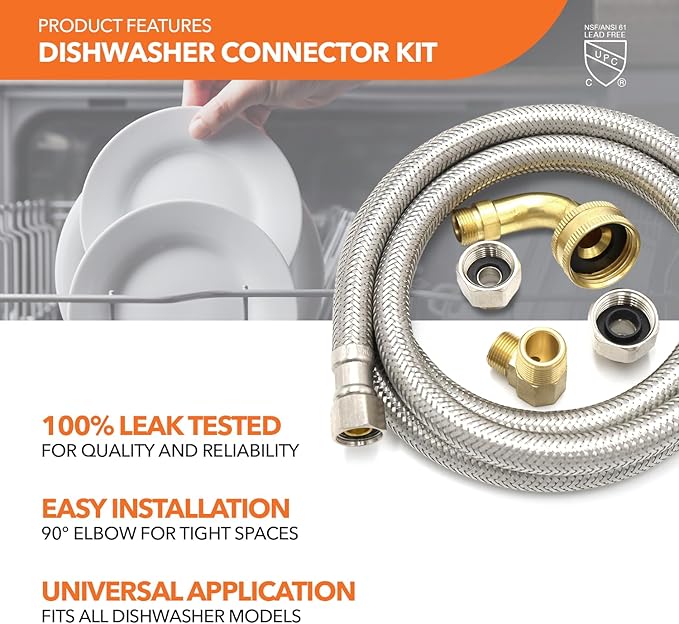 Universal Dishwasher Installation Kit, 3/8" Compression, 6ft long Braided Stainless Steel Hose + 3/4" Hose Bibb Elbow + 3/8" Compression Elbow & Compression Adaptor + 1/2" Compression Adaptor