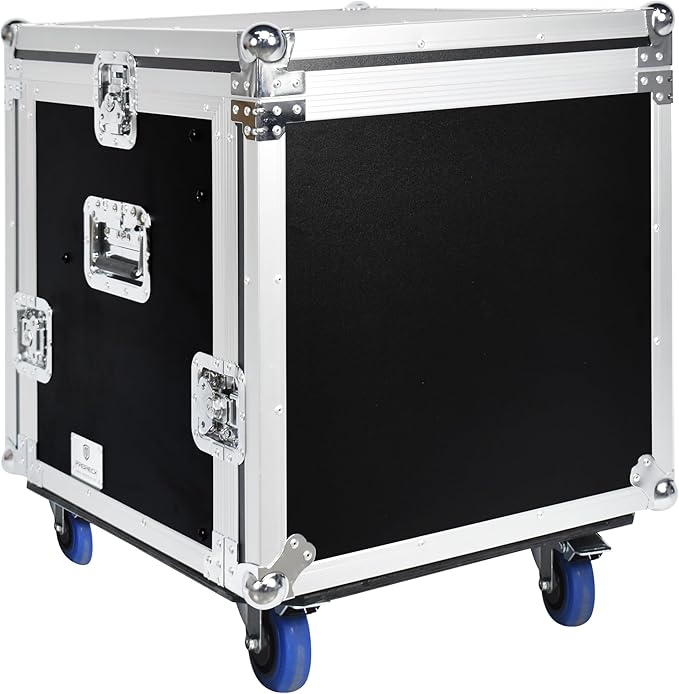 PRORECK 10U Rack/Road Case With Slant Mixer Top, And Casters, 20'' Rackable Depth, Plywood, 10U Installation Size, Pro Stage Performance.