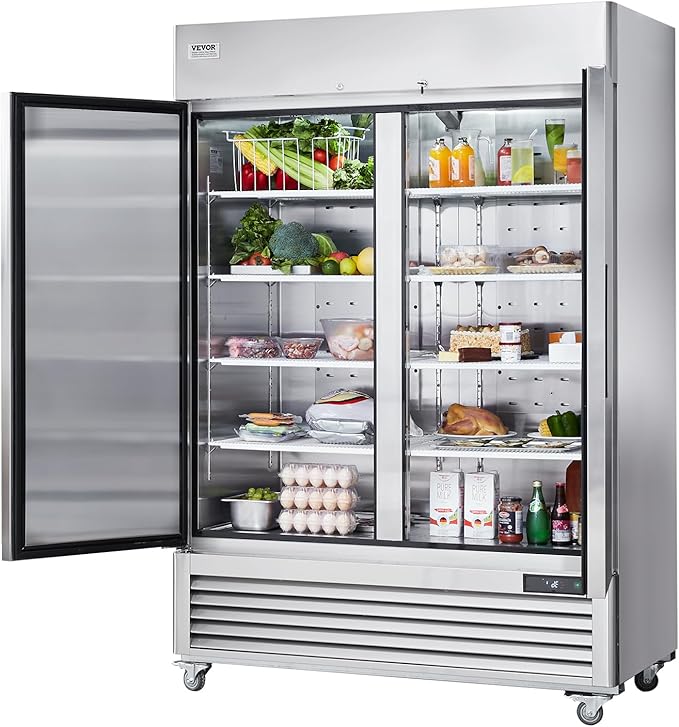 VEVOR Commercial Refrigerator 44.21 Cu.ft, Reach In 54.4" W Upright Refrigerator 2 Doors, Auto-Defrost Stainless Steel Reach-in Refrigerator with 8 Shelves, 33 to 41℉ Temp Control, LED Light, 4 Wheels