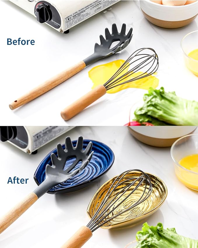 Hasense Spoon Rests Set of 2 for Stove Top, Large Ceramic Spoon Holder for Kitchen Counter, Cooking Utensil Rest for Spatulas, Spoons and Tongs, Kitchen Gadget Cooking Spatula Holder, Gold and Blue