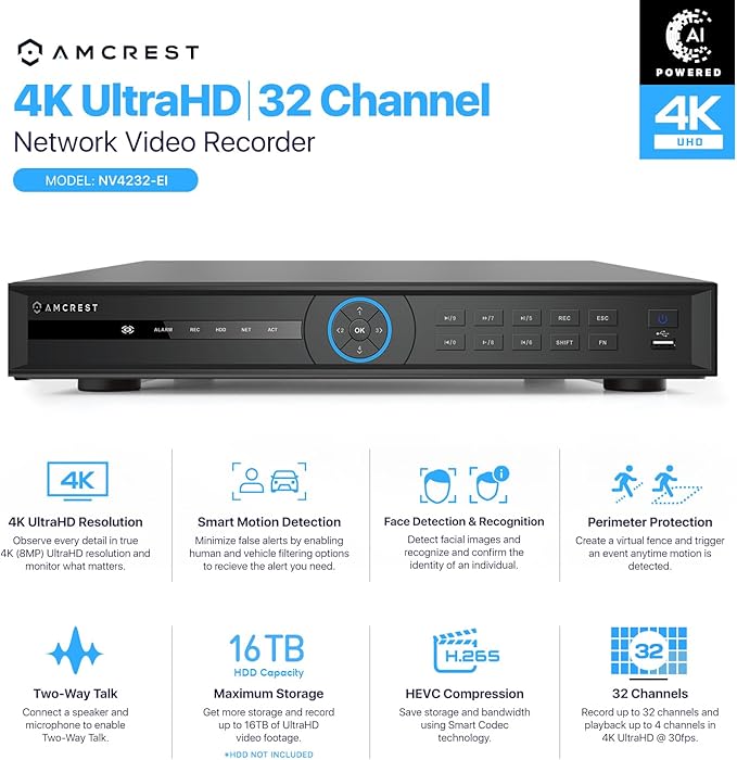 Amcrest 4K NV4232-EI 32CH AI NVR, Smart NVR, Facial Recognition, Facial Detection & Vehicle Detection - Supports 32 x 4K IP Cameras, Supports 2 x 16TB HDD (Not Included) (No PoE Ports Included)