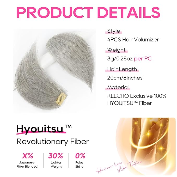 REECHO Clip in Hair Volumizer, Short Thick Clip in Hairpieces Adding Extra Hair Volume Extensions for Women with Thin Fine (Silver Grey, 8 Inch(Pack of 4))