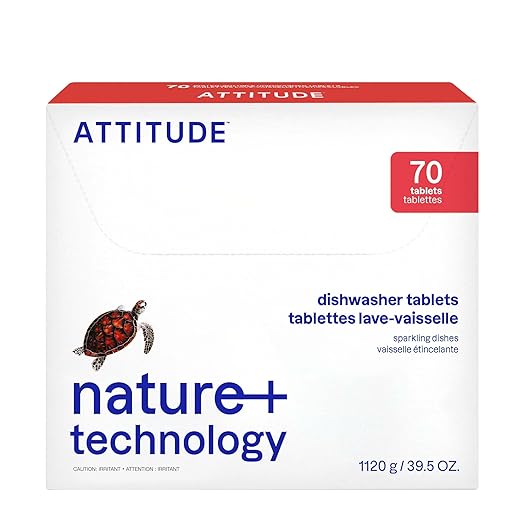 ATTITUDE Dishwasher Pods, Plant-Based & Vegan, Phosphate-Free Detergent Tablets, Naturally Derived, Unscented, 70 Count