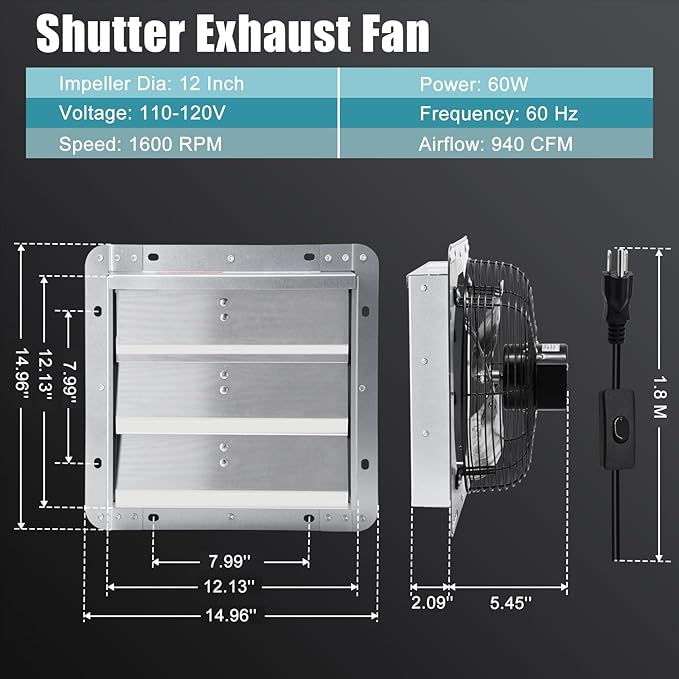 Criditpid 12 Inch Shutter Exhaust Fan, High Speed 970CFM, Wall Mounted Exhaust Fan with Speed Controller and Power Cord for Greenhouse, Garages, Shed, Barn, Basement, Shops, Chicken Coop Ventilation
