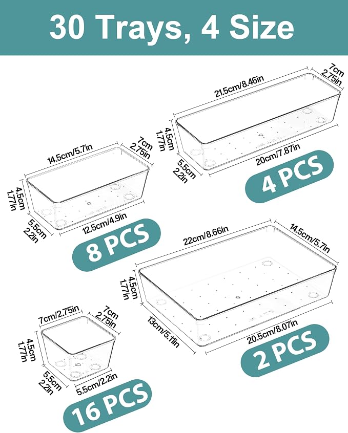 30Pcs Clear Plastic Drawer Organizers Set, 4size makeup drawer organizer trays - Image 2