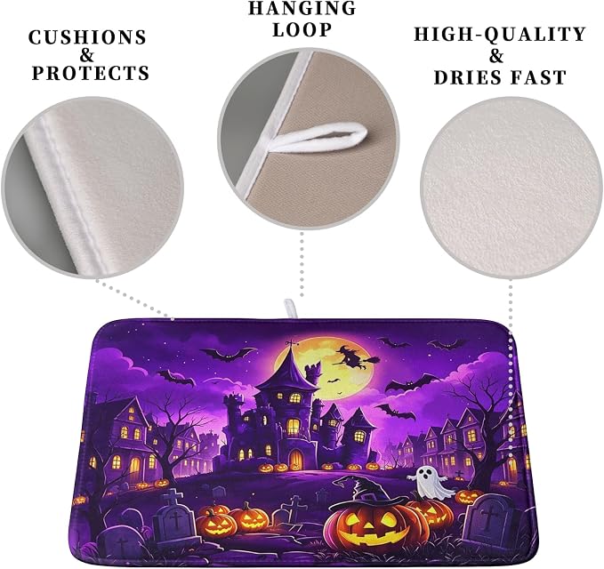 Halloween Dish Drying Mat for Kitchen Counter Witch Castle Bats Ghost Purple - Image 3