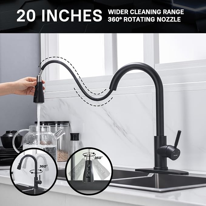 WEWE Pull-Down Kitchen Faucet, Leak-Proof, Matte Black, Single Handle | - Image 4