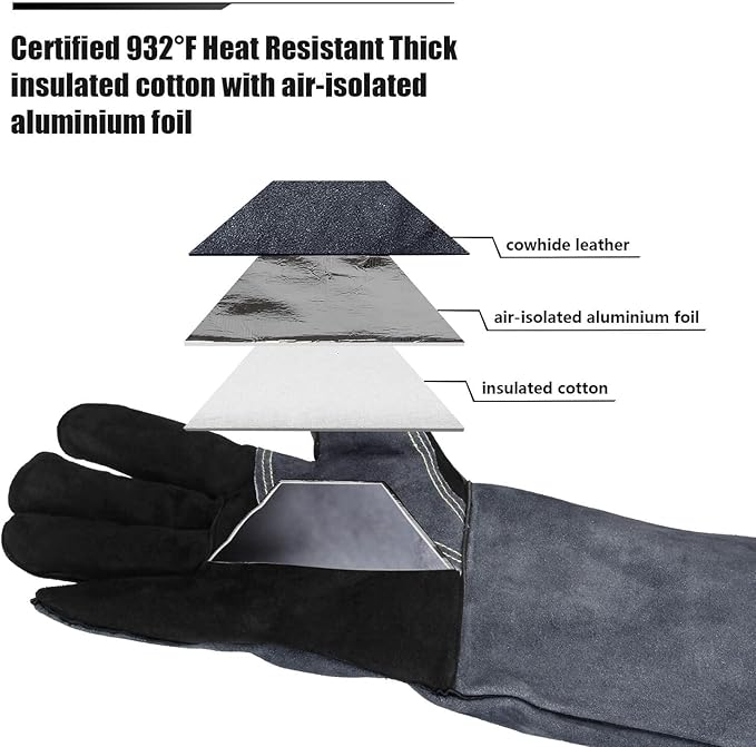 OZERO 932℉ Grill BBQ Gloves 16-inch Heat Resistant Leather Forge Welding Glove with Flame Retardant Long Sleeve and Insulated Lining for Men and Women Black-gray