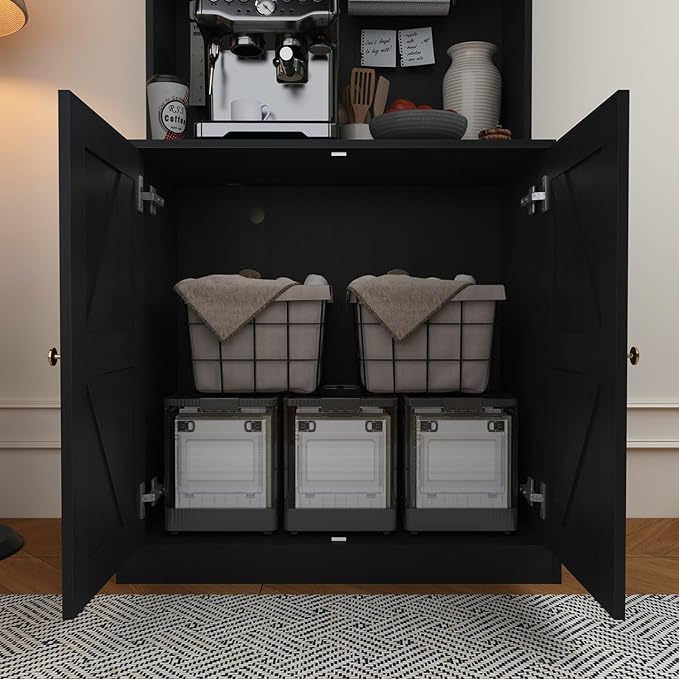 71" Tall Farmhouse Kitchen Pantry, Set of 2, Large Storage Cabinet with Glass Doors, Freestanding Coffee Bar Hutch with Microwave Stand, Adjustable Shelves for Kitchen, Living Room, Black
