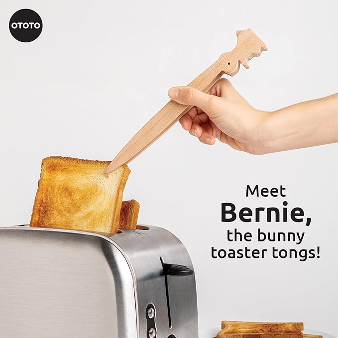 OTOTO Bernie Bunny Toaster Tongs - Rabbit, Salad Servers - Multipurpose Mini Tongs for Appetizers, Wood Utensils & Cute Kitchen Gadgets, Easter, White Elephant Gifts, Toast, Cute Kitchen Accessories