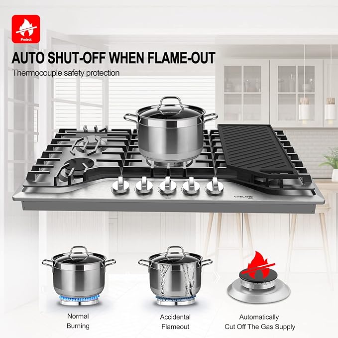 GASLAND 36 Inch Gas Cooktop, PRO GH3365SF 5 Burner Gas Stovetop with Reversible Cast Iron Grill/Griddle, Plug-in, NG/LPG Convertible Cooktops, Stainless Steel