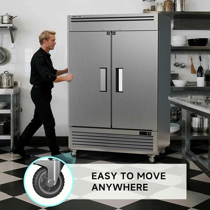Coolake 49 Cu Ft Commercial Refrigerator, 54.4" W 2 Door Upright Fridge with 8 Adjustable Shelves, Frost-free Stainless Steel Industrial Reach-in Refrigerator for School Restaurant Church Prep Kitchen