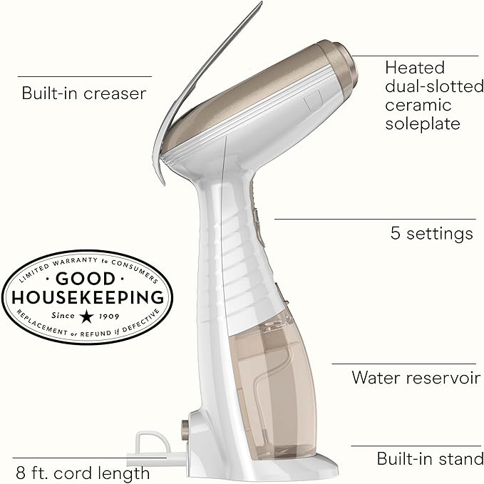 Conair Turbo Extreme Steam Hand Held Fabric Steamer, GS59X, 1875W, 15 min, 7.3 oz, White/Champagne