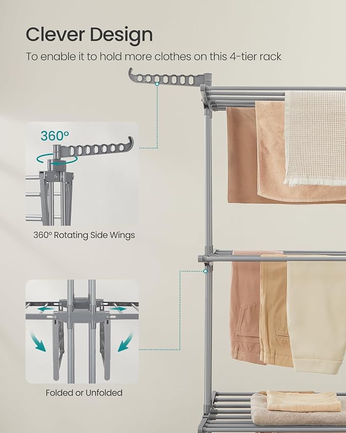 SONGMICS Clothes Drying Rack 4-Tier, Foldable Laundry Rack, Steel | Indoor - Image 6