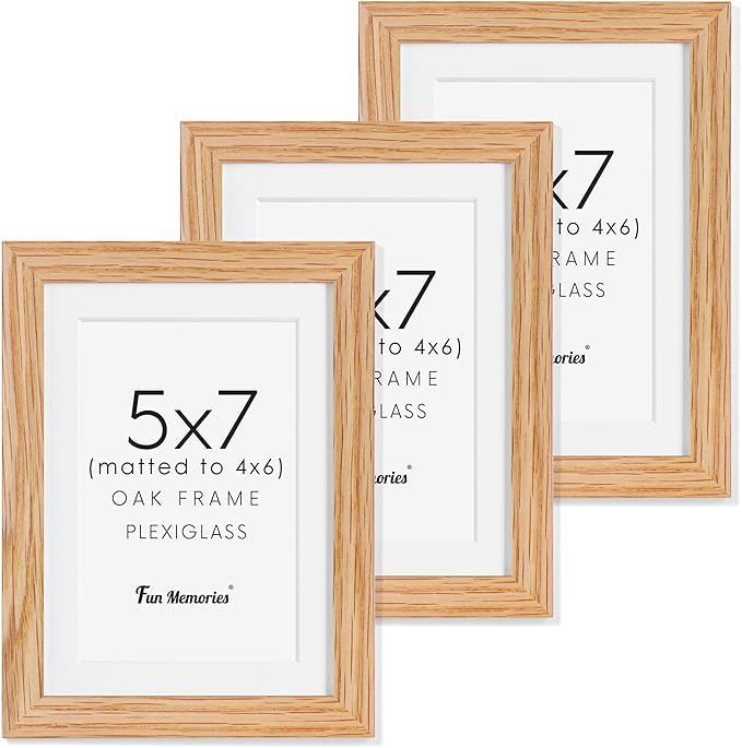 Fun Memories 5x7 Picture Frame, Solid Oak Wood 5 x 7 Frame with Plexiglass, 5 by 7 Photo Frame for Wall & Tabletop Display, 5x7 Picture Frame Matted to 4x6, Natural Oak Color, 3 Pack