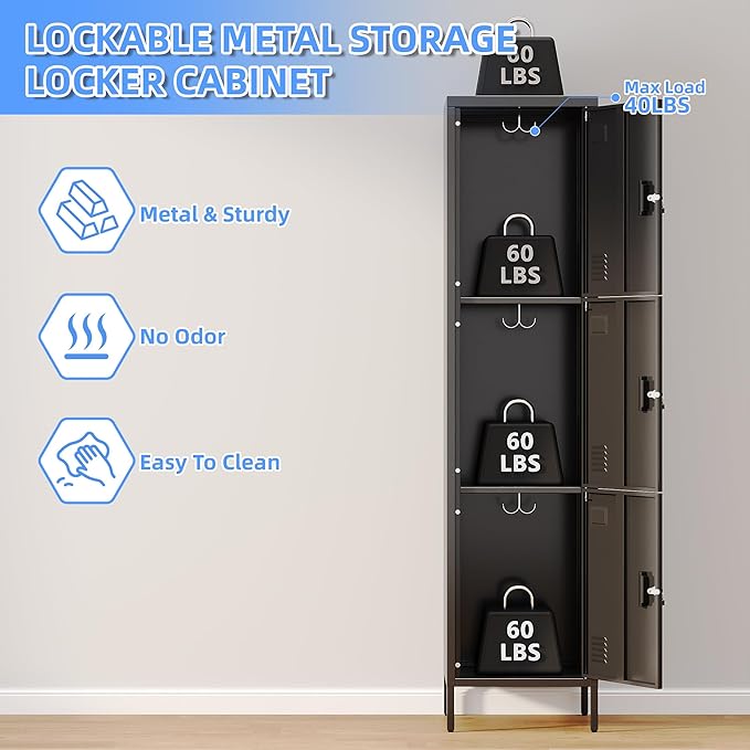 METAN Metal Storage Employees Lockers with 3 Lockable Doors and Hooks,66''H*16''W*16''D Locking Storage Cabinets for Small Spaces,Home,School,Gym,Assembly Required,Black