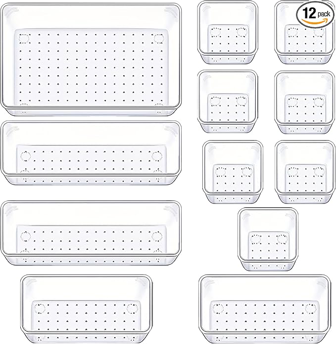 Manalete 12 Pcs Clear Plastic Drawer Organizer, Makeup & Vanity Organizer | by Manelete