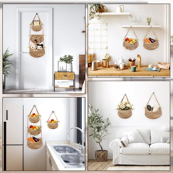 Cotton Rope Hanging Basket, 3 Tier Detachable Wall Organizer Handmade Woven - Image 7