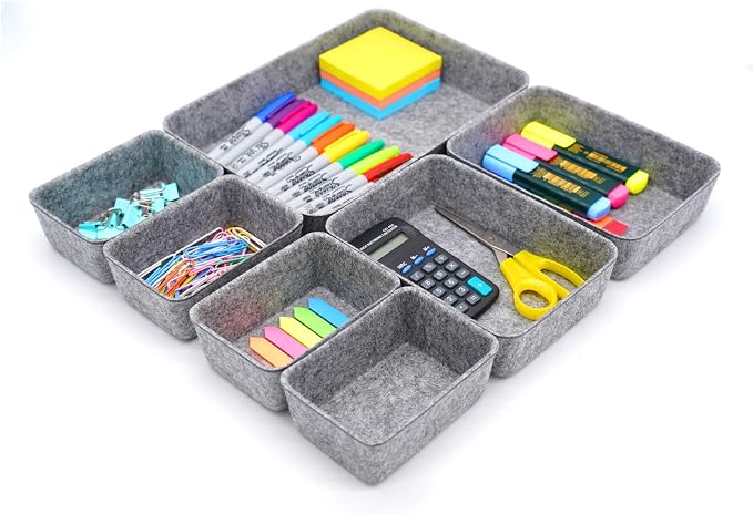 7pc Felt Desk Drawer Organizers Trays Gray Office Home Storage Bins - Image 8