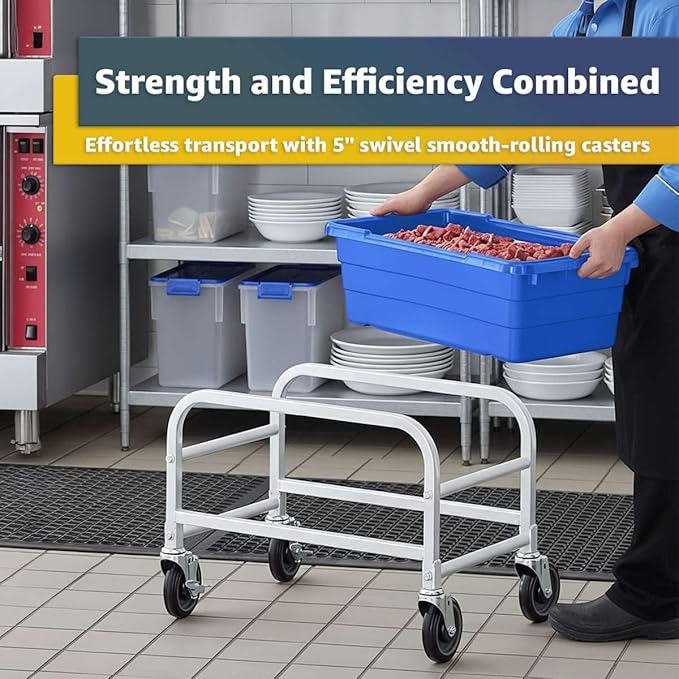 16"x26"x19" Mobile Aluminum Lug Rack with Red Meat Lug Tote Box - NSF Heavy-Duty 1 Lug Capacity Food Storage Cart with 5" Swivel Casters, Freezer Safe, Commercial Cart for Seafood, Ingredients