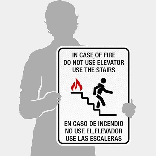 in Case of Fire Do Not Use Elevator Use The Stairs Bilingual Sign, Fire Safety Sign, 18x24 Inches, 3M EGP Reflective .080 Aluminum, Fade Resistant, Indoor/Outdoor Use, Made in USA