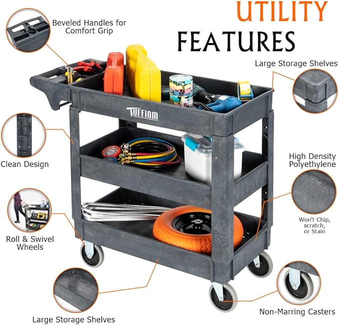 TUFFIOM Plastic Service Utility Cart with Wheels, 550lbs Capacity, Heavy Duty Tub W/Deep Shelves, Multipurpose Rolling 3-Tier Mobile Storage Organizer, for Warehouse Garage Industrial Cart