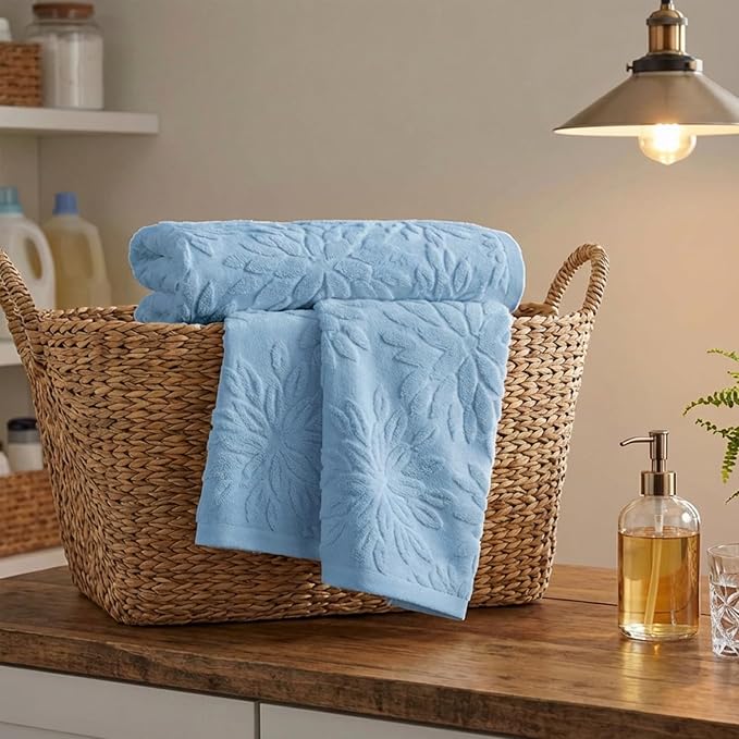 Artoid Mode 2 Pcs Light Blue 3D Dahlia Floral Jacquard Hand Towels - Image 5