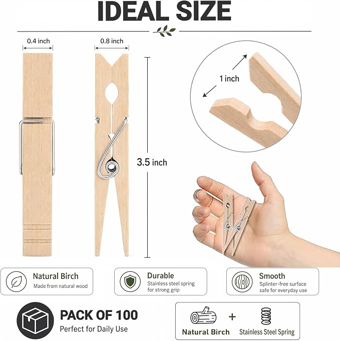 Clothes Pins Wood for Hanging Clothes, 3.5 Inch【100pcs】 Heavy Duty Wooden - Image 2