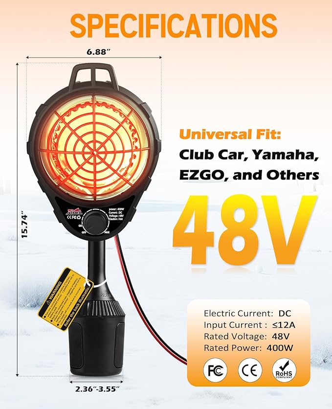 Xislet Upgrade Golf Cart Electric Heater with Infinite Temperature Adjustment, 2-Second Quick Heat 400W Quiet & Safe Carbon Fiber Heating, Battery Powered Heater Stable Fit Club Car/Yamaha/EZGO