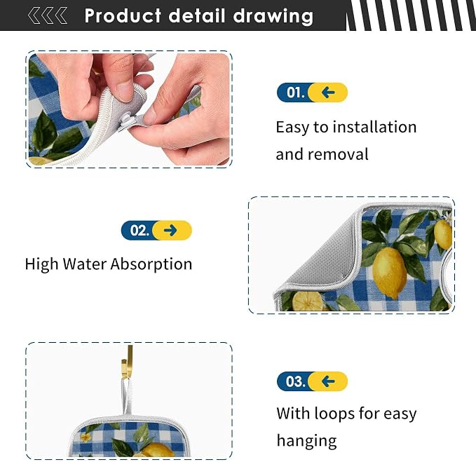 Blue Gingham Summer Lemons Yellow Dandelions Sink Mat - Image 5