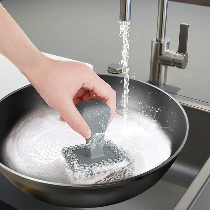 TOPULORS Cast Iron Scrubber Cleaner & 316L Stainless Steel Chainmail Scrubber with 2 Scrapers, Ergonomic Silicone Handle Brush for Pans Skillets Grills Dishes Cleaning - Non-Scratch Rust-Proof - Gray