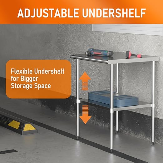 Stainless Steel Table for Food Prep & Work 24 x 30 inches Utility Table with Adjustable Undershelf, Commercial Workstation in Kitchen, Garage, Laundry, Outdoor BBQ